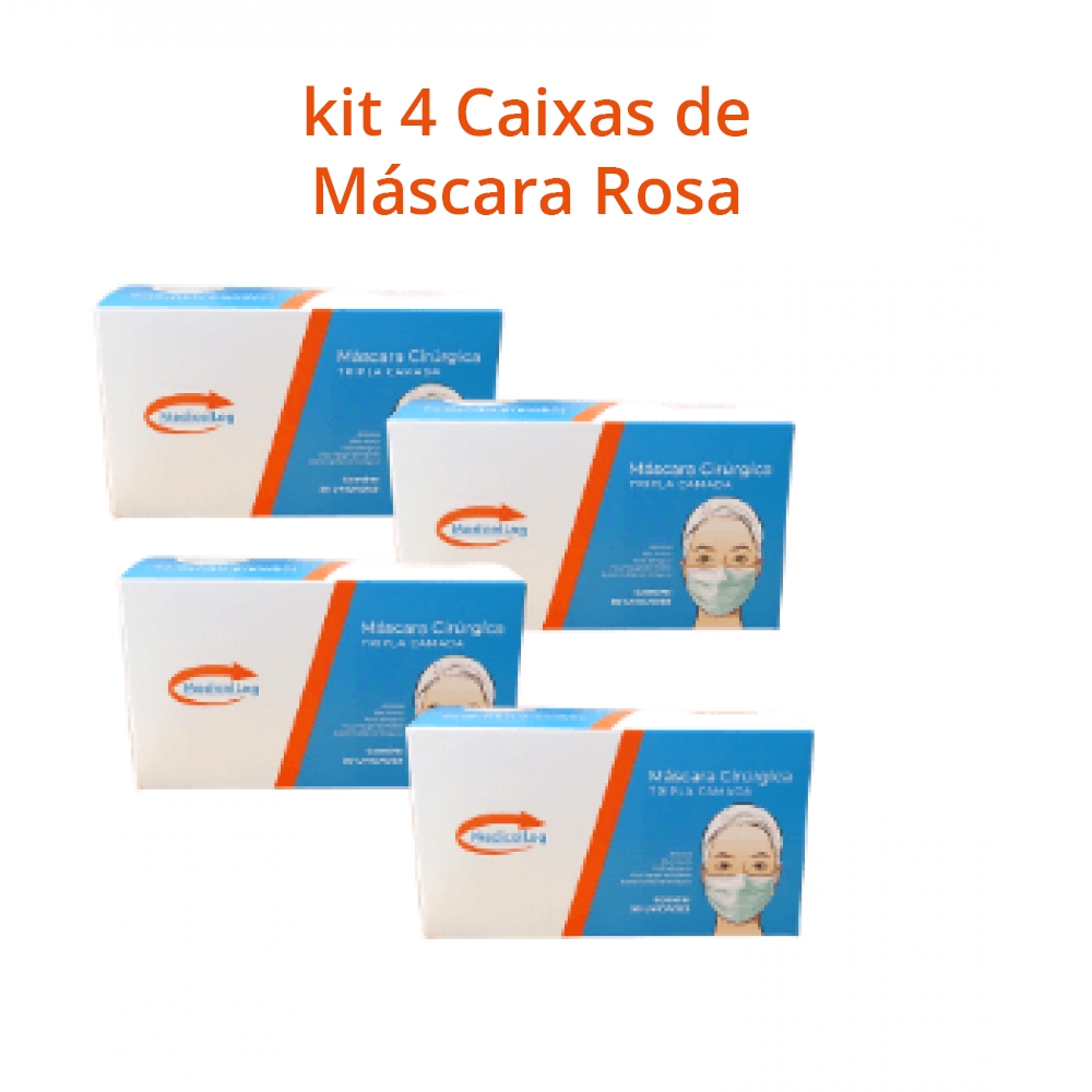 imagem Máscara Cirúrgica Rosa - Kit 4 Caixas de Máscara Tripla Descartável com Elástico - 200 un.