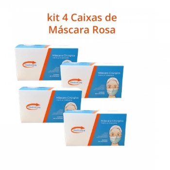 imagem Máscara Cirúrgica Rosa - Kit 4 Caixas de Máscara Tripla Descartável com Elástico - 200 un.